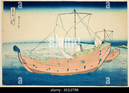 Sea Lane au large de la province de Kazusa par Katsushika Hokusai, v. 1830–33, représentant un grand navire marchand en bois avec des voiles pleines et deux mâts naviguant en eaux libres, avec le mont Fuji visible à l'horizon lointain Banque D'Images