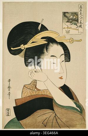 Tatsumi Roko, de la série beautés renommées comparées aux six poètes immortels de Kitagawa Utamaro, v. 1794/96, représentant une femme élégamment habillée avec des ornements de cheveux noirs élaborés et des robes de soie à motifs, montrée de profil avec une expression sereine Banque D'Images