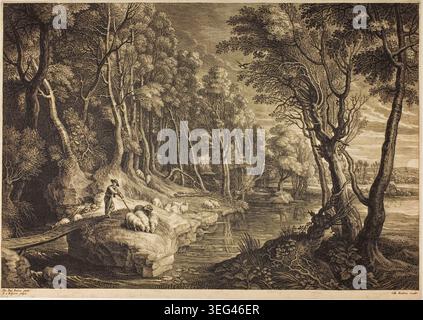 Forêt traversée par un ruisseau par Schelte Adamsz. Bolswert d'après Peter Paul Rubens, v. 1638, représentant un berger avec des moutons se reposant à côté d'un ruisseau qui coule à travers une forêt dense Banque D'Images