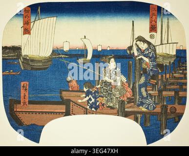 Retour des voiles à Tsukuda par Utagawa Hiroshige, v. 1844/46, représentant des femmes et des enfants sur un quai en bois regardant les voiliers arriver dans un port animé Banque D'Images