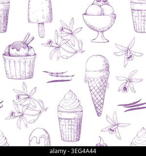 Motif sans couture avec de l'encre dessiné à la main divers desserts de crème glacée. Illustration monochrome vectorielle Illustration de Vecteur