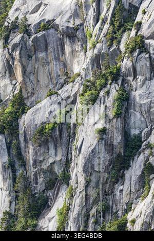 Une cascade descend en cascade une falaise de granit dans un fjord sur l'île Baranof, au sud-est de l'Alaska. Banque D'Images