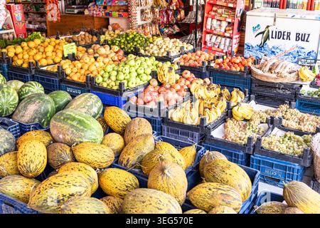 Un assortiment vibrant de fruits frais exposés dans des paniers sur un marché, avec des melons, des pommes, des bananes et des raisins, avec une toile de fond de stock d'étagères Banque D'Images