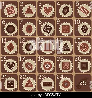 Mignon calendrier de l'Avent de Noël dessiné à la main avec des bonbons au chocolat de différents types et formes. Compte à rebours du calendrier des fêtes. Cartes surprise. Vecteur Illustration de Vecteur
