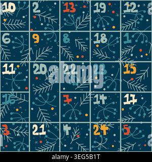 Mignon calendrier de l'Avent de Noël dessiné à la main avec des flocons de neige. Joyeux Noël. Cartes surprise. Beaux dessins de doodle, conception vectorielle.illustration vectorielle Illustration de Vecteur