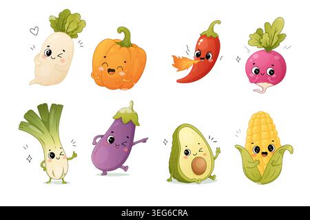 Personnages de légumes mignons ensemble avec piment de radis aubergine avocat maïs et oignon dans le style de dessin animé kawaii Illustration de Vecteur