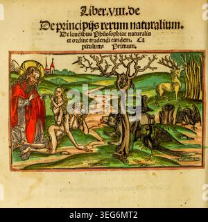 Dieu insuffle la vie dans Eve de la côte Adams dans le jardin d'Eden, entouré d'animaux et de nature luxuriante, gravure sur bois vintage. La Margarita Philosophica (« Perle philosophique ») est une encyclopédie historique de la Renaissance et un manuel universitaire écrit par le moine chartreux Gregor Reisch. Publié pour la première fois en 1503, il fournit les connaissances fondamentales du XVIe siècle dans un dialogue accessible et illustré entre un maître et un étudiant. De l'addition de 1515 Banque D'Images