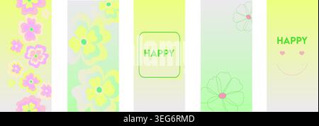 Collection de papier peint floral vert pastel avec des fleurs rétro mignonnes, des dégradés doux et un design esthétique heureux pour les arrière-plans de téléphone. Banque D'Images