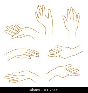 Ensemble de divers gestes de mains. Positions différentes de la main. Mains humaines isolées de style art au trait. Illustration de Vecteur