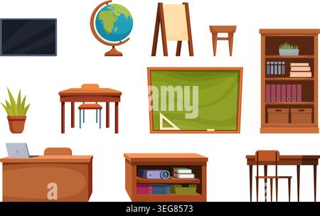 Mobilier de bande dessinée pour salle de classe scolaire. Collège, université, éléments intérieurs de bibliothèque. Bureau et tabouret, tableau noir, globe, table de professeur avec ordinateur portable Illustration de Vecteur