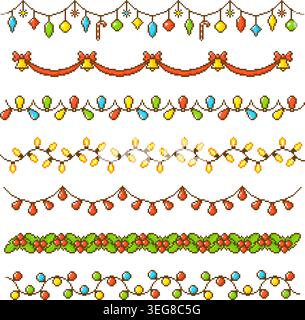 Guirlandes Pixel art. Guirlande de vacances de Noël avec cloche et arc, plantes, lampes et jouets. icônes de style rétro 8 bits 16 bits, saison d'hiver, nouvel an bien rangé Illustration de Vecteur