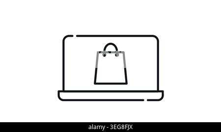 Icône de vente au détail en ligne et de sac à provisions pour ordinateur portable : ordinateur portable avec sac en papier à l'écran, illustration vectorielle minimaliste d'art de ligne noire. Illustration de Vecteur