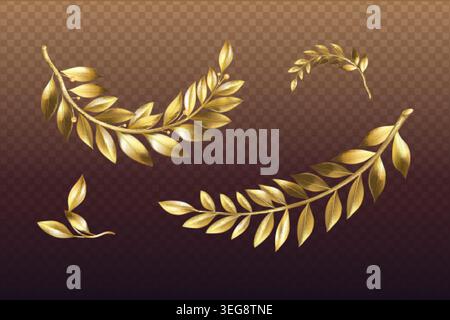 Branche de laurier doré. Branche d'olivier d'or réaliste avec des feuilles, couronne gagnante feuille de luxe bijoux logo en métal vintage décoration antique feuillage illustration vectorielle exacte illustration originale Illustration de Vecteur
