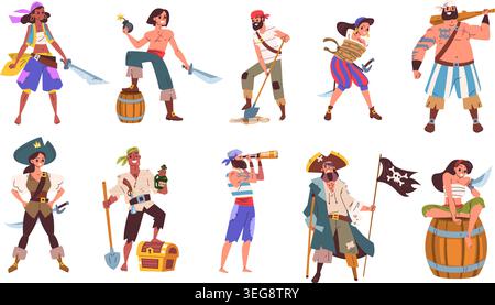 Personnages Corsair. Pirates de bande dessinée, chasseurs de trésors caraïbes marin bandit pirate équipage de bateau aventure costume corsaires Spyglass buccaneer, illustration vectorielle classe illustration originale Illustration de Vecteur