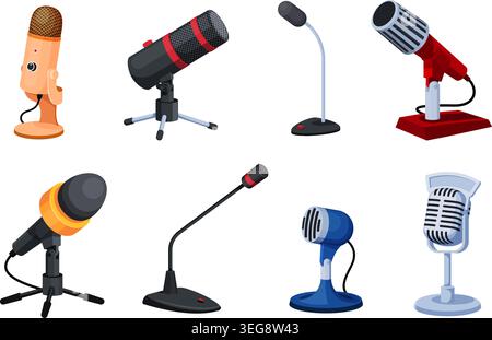 Microphones de bureau pour dessins animés. Micro de bureau podcast studio d'enregistrement, mike cordon table radio diffusion de médias sociaux blogueur gamer interview audio en direct streaming, illustration vectorielle qualitative illustration originale Illustration de Vecteur