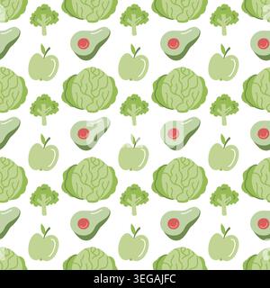 Motif sans couture de nourriture verte avec brocoli de chou d'avocat dessiné à la main et pomme pour un emballage de produit sain Illustration de Vecteur