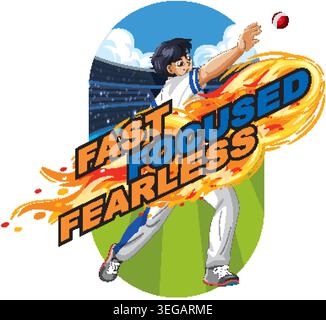 Illustration vectorielle de style anime d'un joueur de cricket bowling dans un stade avec des graphismes de feu Illustration de Vecteur