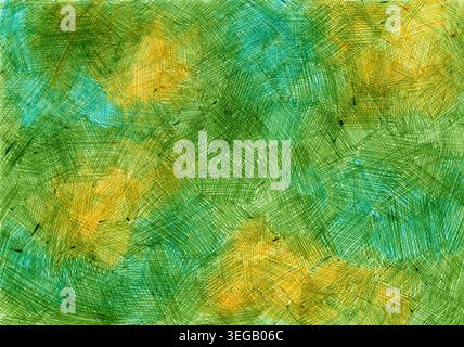 Texture de fond abstraite avec hachures croisées dessinées à la main en vert, jaune, bleu. Effet de croquis de crayon dynamique parfait pour les superpositions artistiques, les conceptions d'enfants, les projets créatifs, les fonds d'écran. Banque D'Images