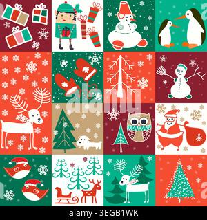 Motif sans couture de Noël pour cartes de voeux, papier d'emballage. Collage d'hiver. Patchwork des arbres de Noël doodle, Père Noël, flocons de neige, boîte de cadeau Banque D'Images