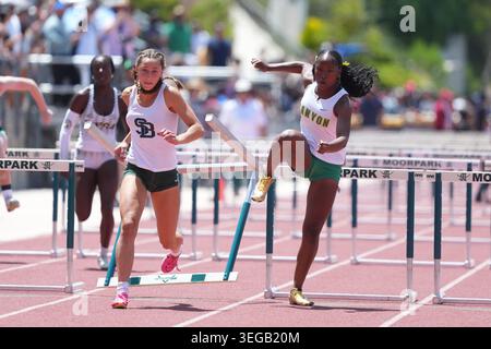 Elina Stump de Santa Barbara (à gauche) et Kameron Smith de Canyon Country Canyon courent dans la division 2 filles 100m haies lors de la CIF Southern section Track and Field finals à Moorpark High School, samedi 16 mai 2026, à Moorpark, Etalonnage Banque D'Images
