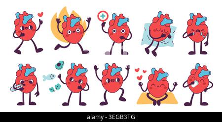 Personnage de coeur mignon. Organe circulatoire humain anatomique, mascotte drôle de cardiologie de dessin animé, différentes actions, émotions et poses heureuses et tristes Illustration de Vecteur