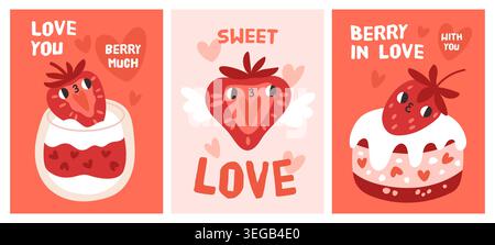 Cartes d'amour de fraise de dessin animé. Baies mignonnes rouges sucrées, desserts savoureux, personnages kawaii adorables de la Saint-Valentin, gâteau au bento au sucre, panna cotta Illustration de Vecteur
