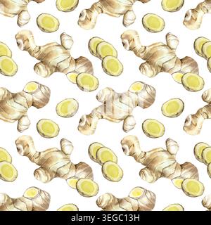 Motif sans couture de racine de gingembre avec segments tranchés. Illustration d'aquarelle dessinée à la main, isolée. Ingrédient épicé asiatique naturel pour cosmétique et Banque D'Images
