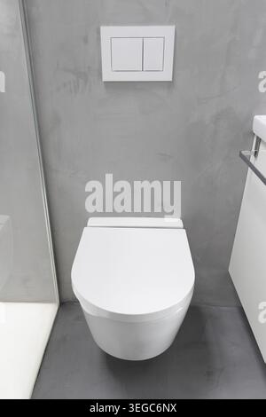 toilettes murales d'une salle de bains à la maison avec chasse d'eau à bouton-poussoir Banque D'Images