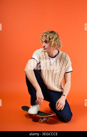 Jeune homme blond et bouclé exprime le flair de la mode tout en posant sur un skateboard dans un studio. Banque D'Images
