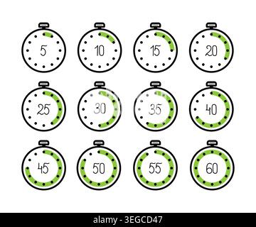 Chronomètre ou compte à rebours, ensemble d'icônes. Illustration vectorielle. Une minuterie avec un cadran pour mesurer pour le sport, l'ensemble est isolé sur un blanc Illustration de Vecteur