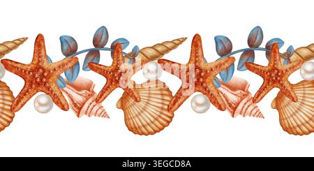 Bordure d'aquarelle sans couture avec étoiles de mer, coquillages, algues et perles. Illustration de vie marine peinte à la main. Enfants, nautique, thèmes de voyage. S Banque D'Images