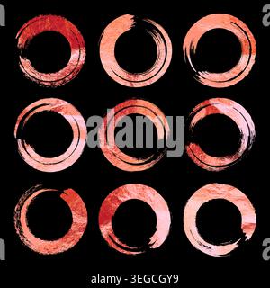 Cercles grunge en or rose, coups de pinceau, lignes, taches d'encre, formes de gribouillage dessinées à la main. Marques esquissées faites à la main, taches acryliques, stries de charbon de bois Illustration de Vecteur