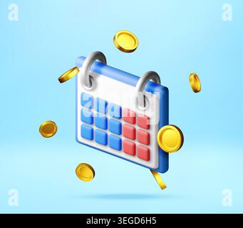 Calendrier 3D avec pièces d'or flottantes. Illustration de Vecteur