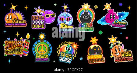 Dynamite Bomb Y2K autocollants vintage et TNT rétro patch étiquettes vectorielles. Autocollants groovy de bombes drôles avec boule disco dans des lunettes de soleil avec visage funky et mèche arc-en-ciel ou signe de paix hippie Illustration de Vecteur