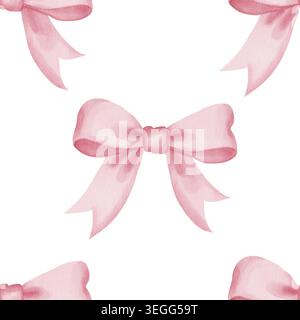 Motif aquarelle sans couture avec des noeuds roses dessinés à la main et des rubans sur fond blanc pour les textiles esthétiques de coquette, papier peint féminin de pépinière, invitations de mariage, douche de bébé et emballage cadeau Banque D'Images