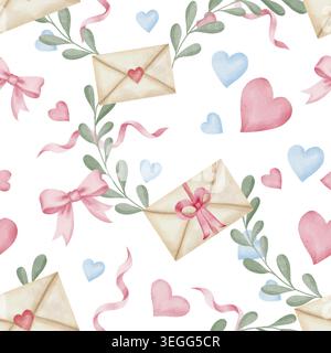 Motif aquarelle sans couture avec des lettres d'amour dessinées à la main, des enveloppes, des rubans roses, des coeurs bleus et des feuilles botaniques sur fond blanc, pour la papeterie romantique de la Saint-Valentin et des dessins textiles Banque D'Images
