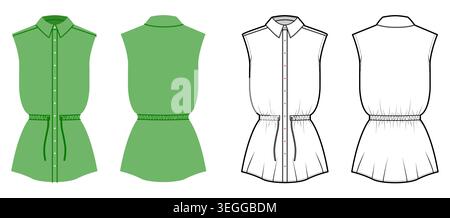 Robe chemise sans manches avec fermeture à bouton, col classique silhouette décontractée structure légère et lignes minima épurées. Illustration de mode technique en couleur noir et blanc, vues arrière avant. Vecteur Illustration de Vecteur