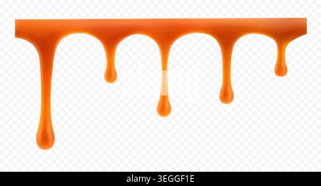 Sauce caramel goutte à goutte réaliste. Bordure de fonte de crème caramel isolé sur fond transparent Illustration de Vecteur