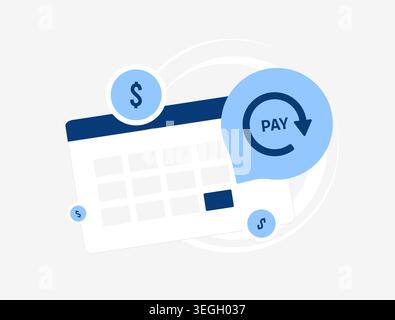 Paiement planifié avec facturation récurrente et rappel de paiement dans une interface de calendrier numérique. Gérez la date de facturation et la transaction en ligne pour le paiement des abonnements et l'illustration vectorielle d'automatisation financière. Illustration de Vecteur