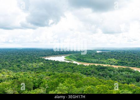 Une rivière sinueuse serpente à travers une forêt dense avec en toile de fond des nuages gris spectaculaires sur la région du Guaviare. Banque D'Images