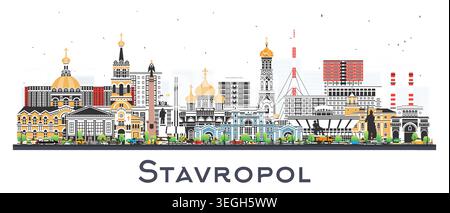 Horizon de la ville de Stavropol Russie avec des bâtiments de couleur isolés sur blanc. Illustration vectorielle. Paysage urbain de Stavropol avec des points de repère. Voyages d'affaires, touris Illustration de Vecteur