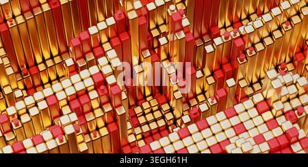 Illustration 3D panoramique horizontale d'un terrain voxel en mosaïque rouge et or avec cubes surélevés et structure diagonale dynamique. Banque D'Images