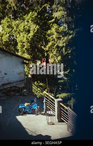 Une moto bleue garée sur une terrasse en pierre à côté d'un bâtiment rustique avec de grands pins dans le paysage montagneux de Chakrata, Uttarakhand, Indi Banque D'Images