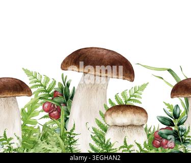 Clipart de frontière sans couture de champignon Boletus avec des airelles et de la verdure forestière isolé sur fond. Elément de motif boisé à l'aquarelle dessiné à la main Banque D'Images