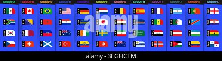 Groupes de tournois de football A à l avec drapeaux nationaux et panneaux d'équipe sur fond bleu. Idéal pour les championnats de football, les fixtures, les horaires, et Illustration de Vecteur