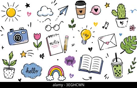 Mignon style de vie dessiné à la main et Papeterie Doodle Elements Illustration de Vecteur