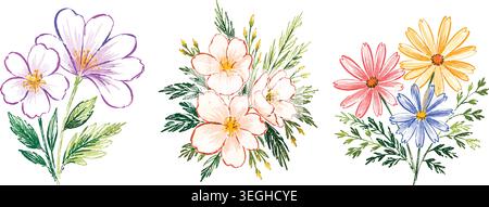 Illustration de bouquets floraux à l'aquarelle dessinée à la main Illustration de Vecteur