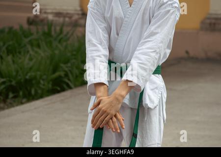 Jeune homme avec ceinture verte pratiquant le karaté dans le dojo, gros plan Banque D'Images