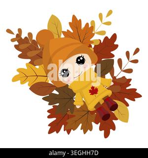 Personnage mignon de kawaii dans une tenue d'automne orange avec feuille d'érable entourée de feuilles d'automne colorées, illustration vectorielle saisonnière sur fond blanc Banque D'Images