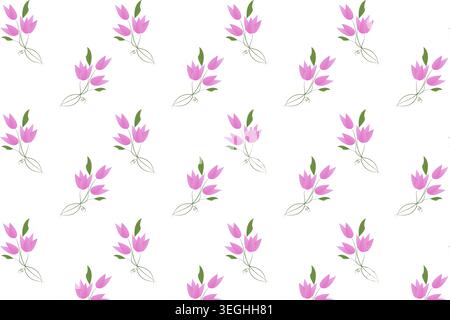 Motif floral sans couture avec bouquets de tulipes roses, feuilles vertes, fleurs de printemps délicates, arrangement diagonal, style d'art au trait minimal, illustration, i Banque D'Images